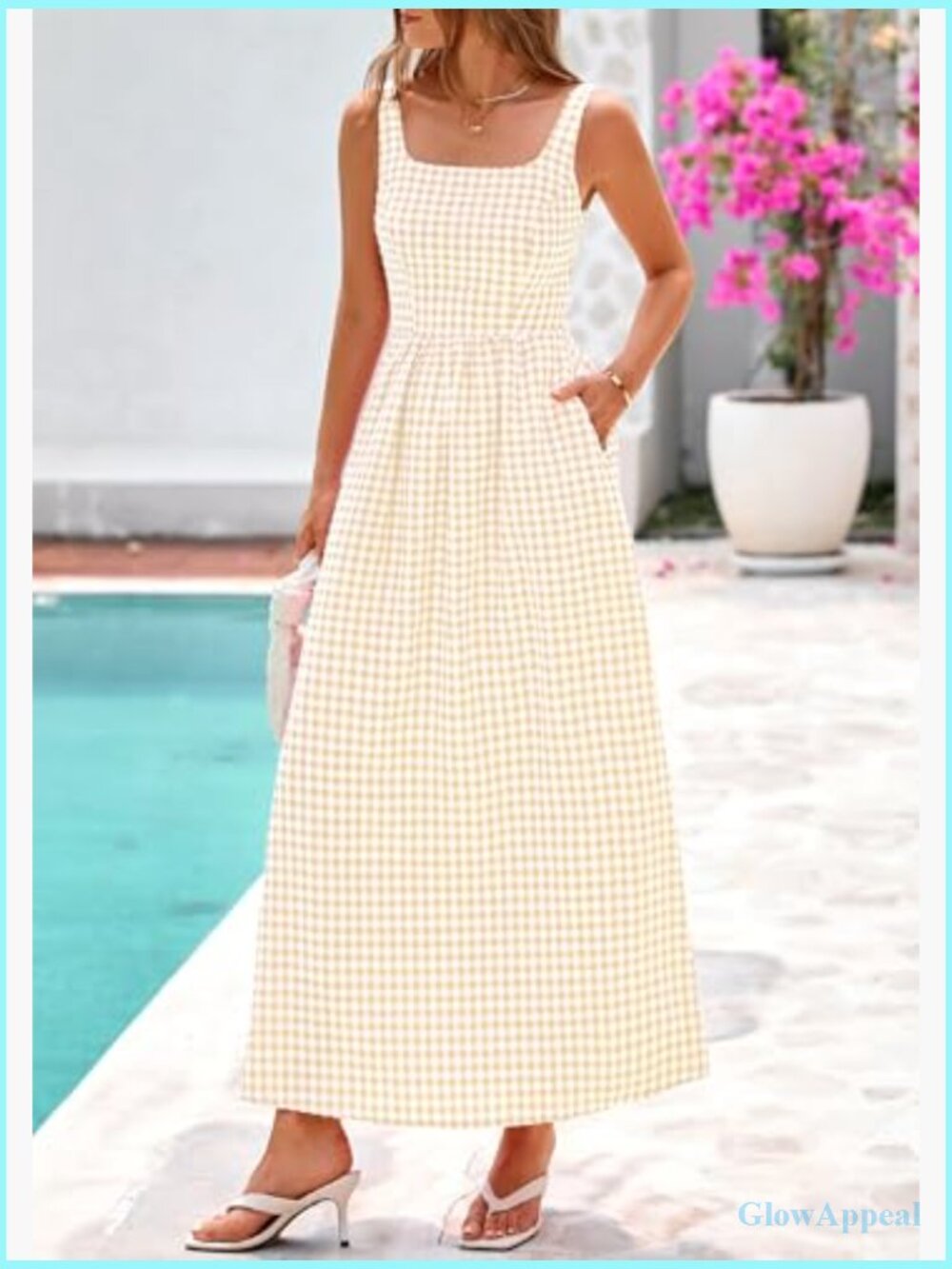 Spaghetti Strap Maxi Dress Plaid Square Neck A Line Casual Beach Vacation Long - Picture 3 of 7
